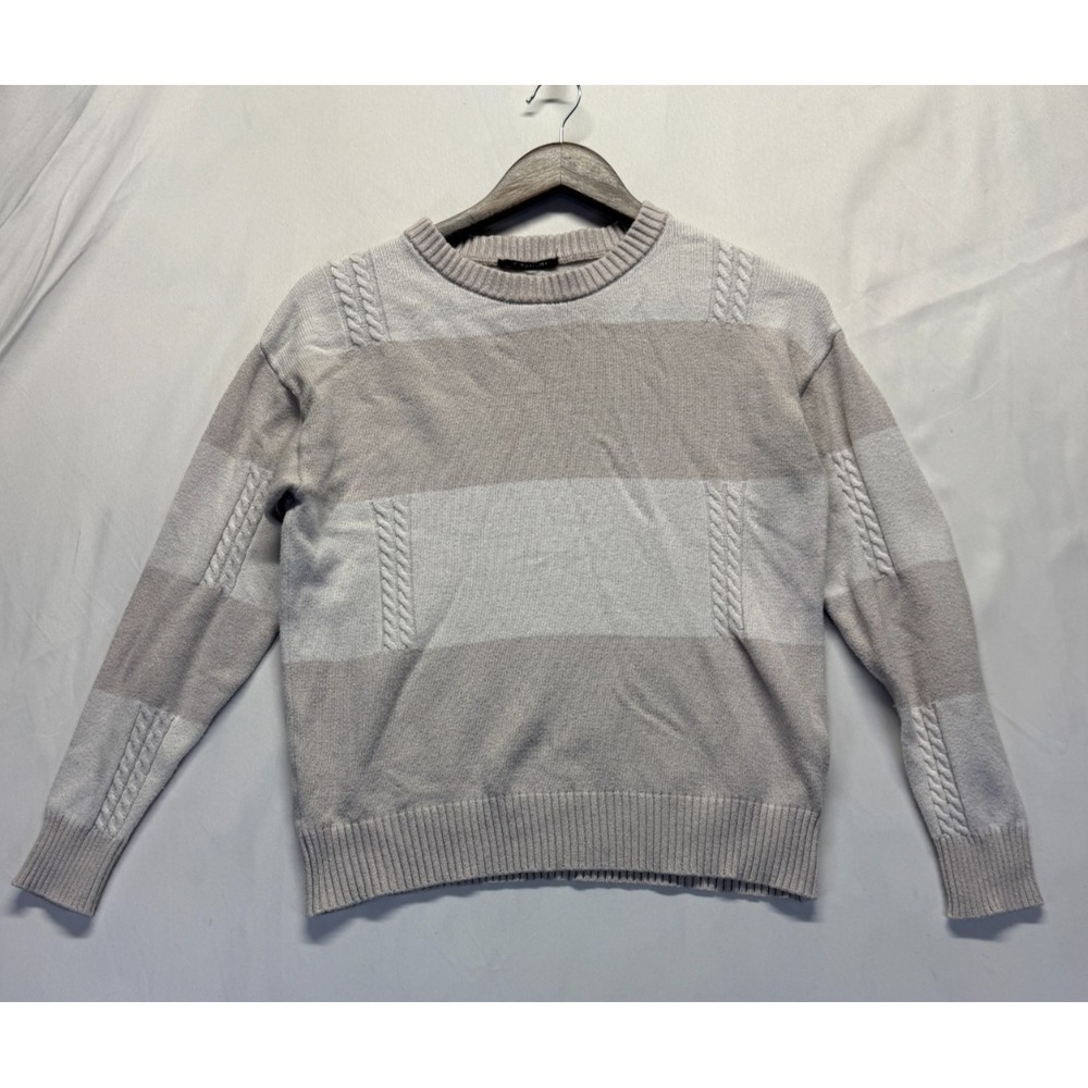 T Tahari Sweater Womens Small Beige Gray Striped Viscose Cable Knit Ribbed‎ Warm